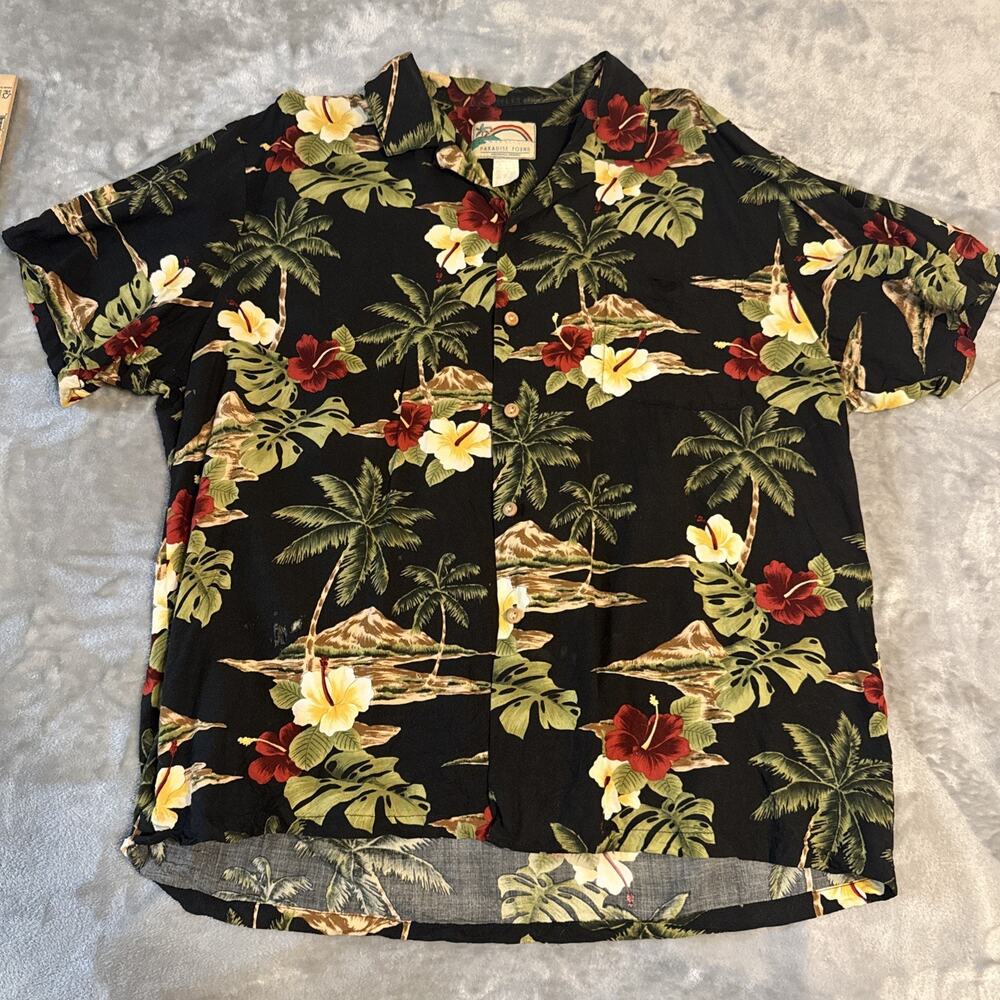 Vintage Paradise Found Hawaiian Shirt Mens Large Black Floral Magnum PI Button
